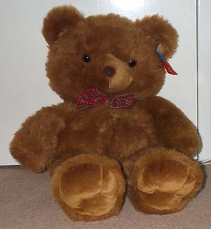 Photo of a large brown teddy bear wearing a bow tie, sitting on the floor propped up against a door.